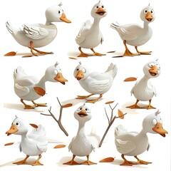 Little Goose Bird Cute character multiple posses and expression children's book illustration style
