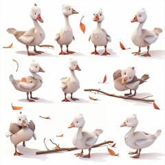 Little Goose Bird Cute character multiple posses and expression children's book illustration style