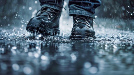 Person standing in rain with feet in water
