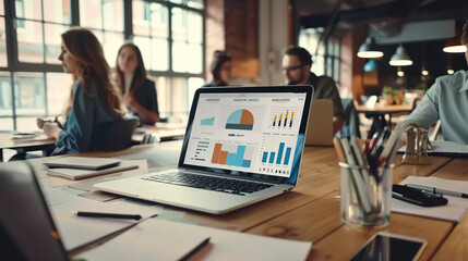 Analysts in the workplace are studying financial data for marketing strategy at the workspace, and there is a stack of BI dashboard paper format with graphs and charts, generative ai