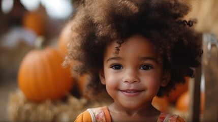Curious child with curly hair at pumpkin patch in the evening during fall