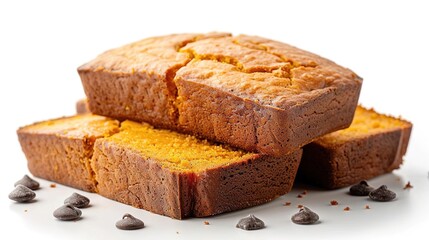 A close-up image of a stack of three slices of pumpkin bread on a white background. The bread is topped with chocolate chips.