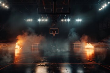 a basketball court in the middle of an arena, flames around it, spotlights shining down on the floor, smoke filling up half the scene.