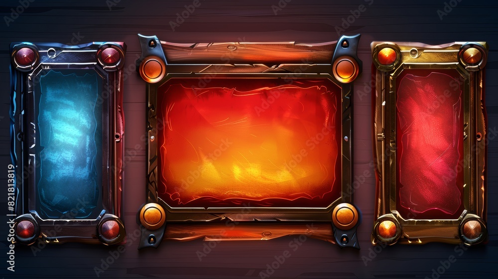 Poster red ui button frame for fantasy game banner modern. medieval title bar set. decorative ornate glossy