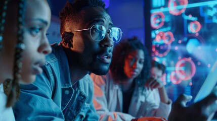 A teacher teaches a diverse class of female and male students about computer science and software development. A lecturer shares his knowledge with scholars.