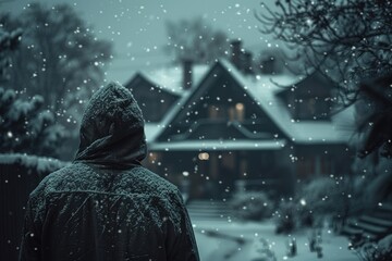 Man standing in snow in front of house