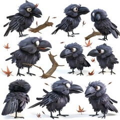 Little Greater Coucal Bird Cute character multiple posses and expression children's book illustration style