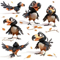 Little Greater Coucal Bird Cute character multiple posses and expression children's book illustration style