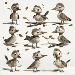 Little Grebe Bird Cute character multiple posses and expression children's book illustration style
