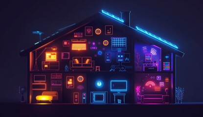A dark house with various smart home devices, including an AI intelligent control center and solar panels on the roof.