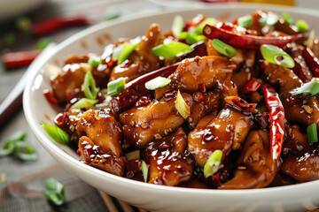Spicy Kung Pao Chicken with Red Chilies and Green Onions in a White Bowl