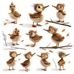 Little Grebe Bird Cute character multiple posses and expression children's book illustration style
