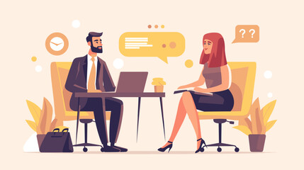 a man and a woman sitting in chairs facing each other. The man is wearing a suit and tie, and the woman is wearing a business suit. it appears that they are having a job interview.