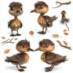 Little Grebe Bird Cute character multiple posses and expression children's book illustration style