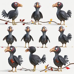 Little Guinea Fowl Bird Cute character multiple posses and expression children's book illustration style