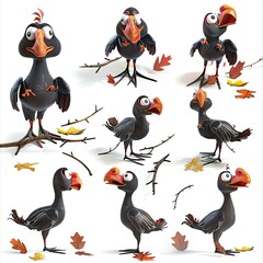 Little Guinea Fowl Bird Cute character multiple posses and expression children's book illustration style