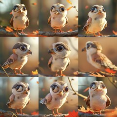 Little Hawk Bird Cute character multiple posses and expression children's book illustration style
