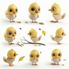 Little Hen Bird Cute character multiple posses and expression children's book illustration style