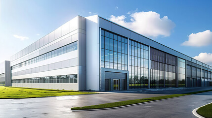 Fototapeta premium Modern office and large factory building with sky. generative ai