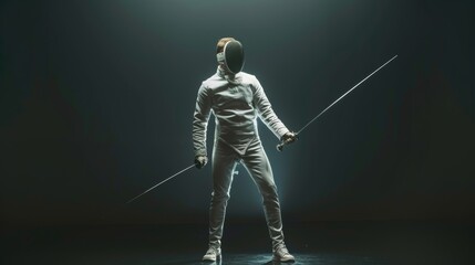 The fully armed fencer prepares to lift his foil sword in readiness for the match. He stands in the spotlight while darkness is around him. Shot isolated on a black background.