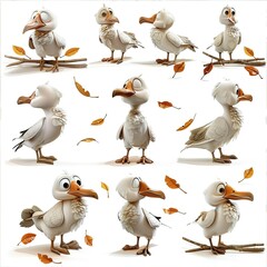 Little albatross bird Cute character multiple posses and expression children's book illustration style