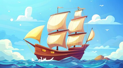 A modern illustration in marine style depicting a funny sailing ship.