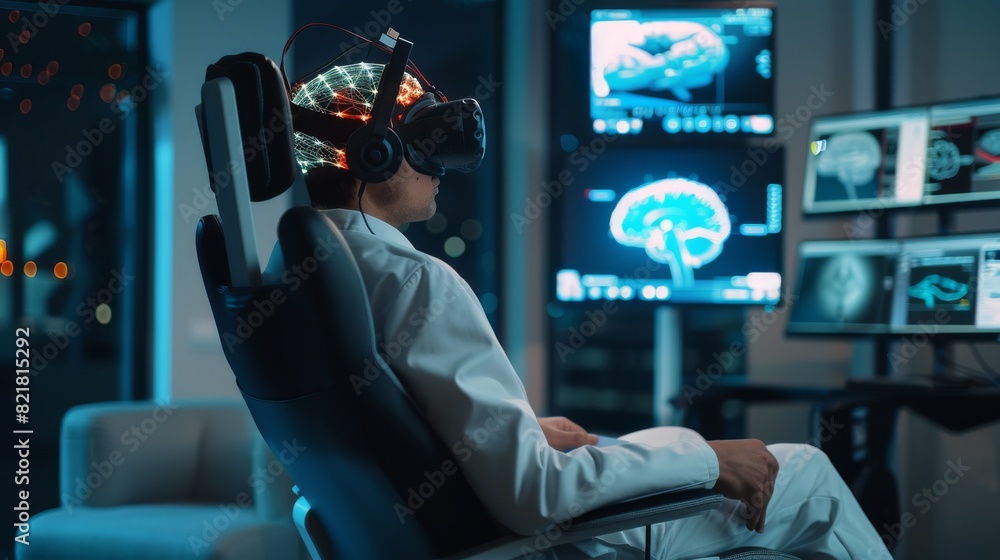 Poster brainwavescanning headset man sits in chair while scientist adjusts device. in modern brain study la
