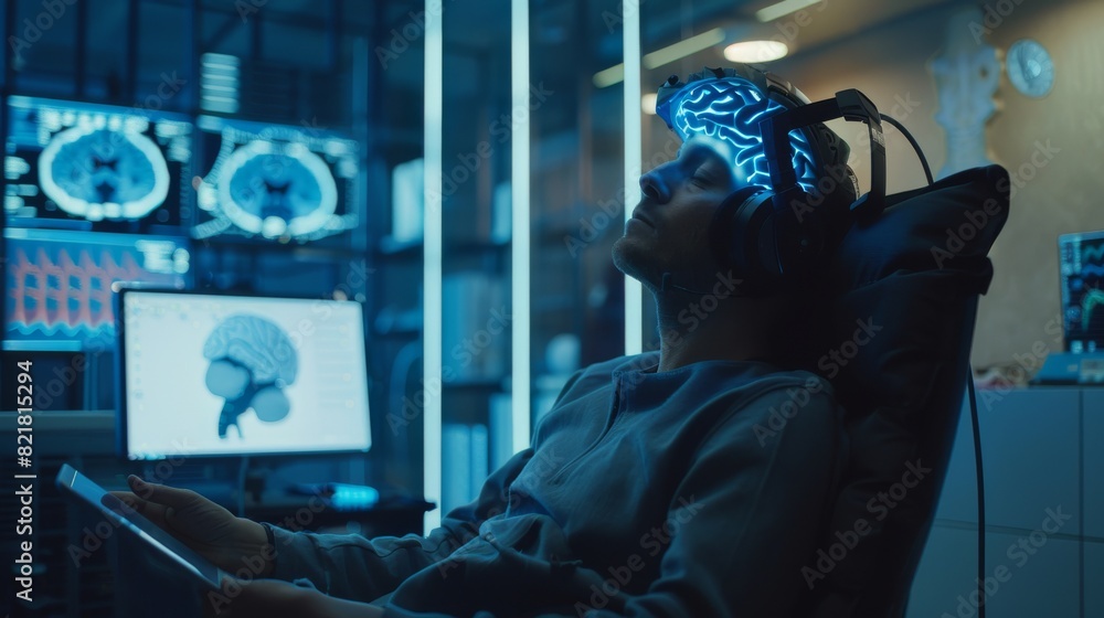 Poster as a man wearing a brainwave scanning headset sits at his desk while a scientist used a tablet compu