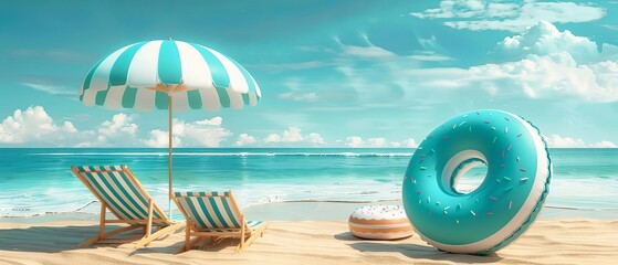 Obraz premium Sunny beach scene with lounge chairs, umbrella, and float on sandy shore under a bright sky with fluffy clouds and sparkling blue water.