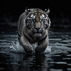 Tiger run toward the water, close up detail photography background