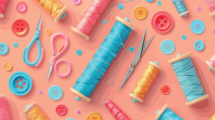 Thread spools buttons and scissors on color background