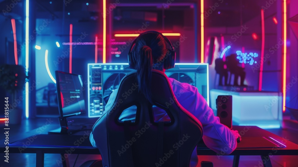 Poster using his personal computer to play a first-person shooter online game. using neon lights in retro a