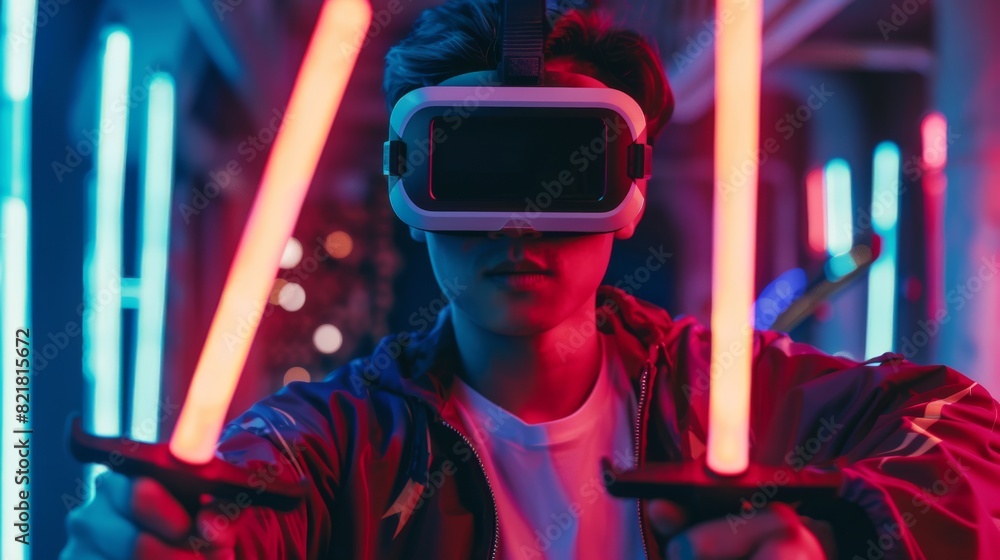 Poster Animated East Asian gamer wearing a VR headset plays a video game using a joystick / controller as a sword. Neon colors are everywhere in the room.
