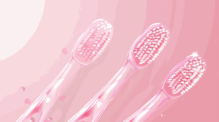 Three pink plastic toothbrushes on color background.