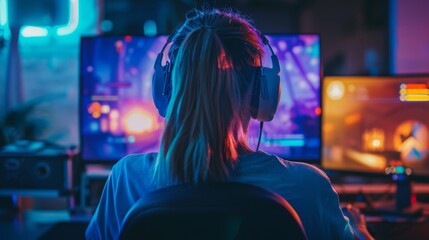 A lovely, professional gamer girl is playing a first-person shooter online on her personal computer. A cute crowd is gathered around her as she plays in a dark room lit with neon lights.