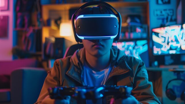 Gamer wearing a VR headset plays a video game with joysticks and controllers in a room decorated in neon colors.