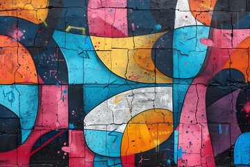 A vibrant, seamless pattern of colorful graffiti art layered on a weathered concrete wall, showcasing urban street art