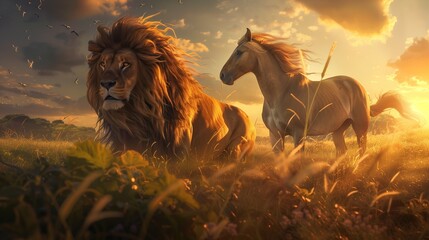 The lion, symbolizing triumph, stands majestically with a regal expression, its mane flowing in the gentle breeze.