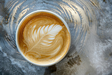 Beautiful Latte Art in a Creamy Coffee Cup on a Swirled Surface