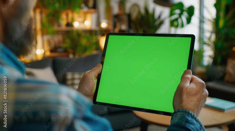 Poster keeping an eye on a digital tablet computer behind a table with a green mock-up screen. the man is w