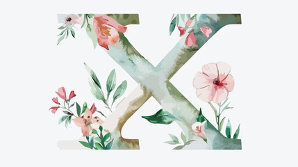 Monogram x letter with watercolor flowers and leaf.