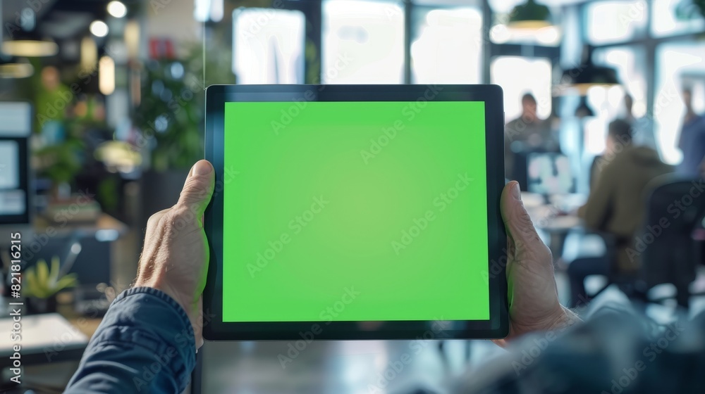 Poster this is a close-up shot of a man's hands holding a green-screen tablet computer and making notes on 