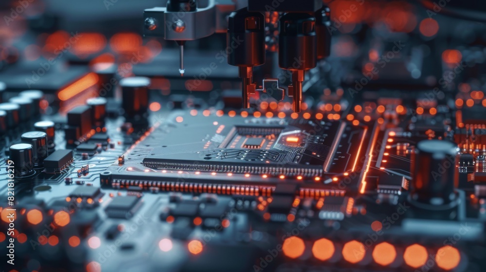 Poster a macro shot of an electronic factory machine at work: a printed circuit board is being assembled wi