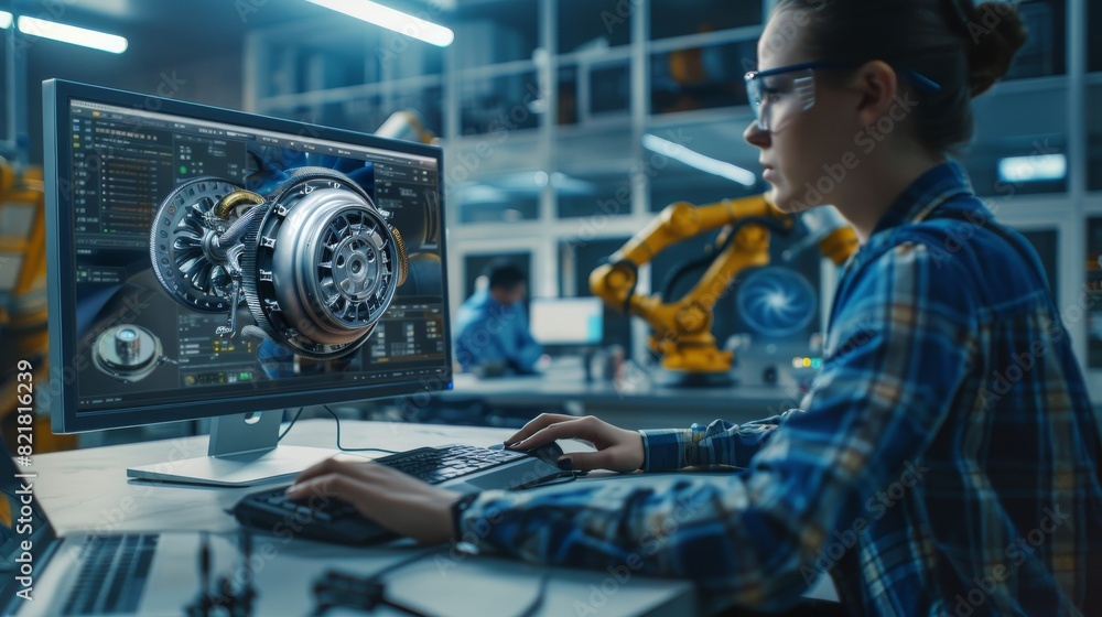 Poster female mechanical engineer creates a 3d engine on a personal computer while male automation engineer