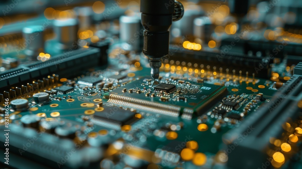 Poster macro shot of an electronic factory machine at work: robot arm assembling printed circuit boards, pl
