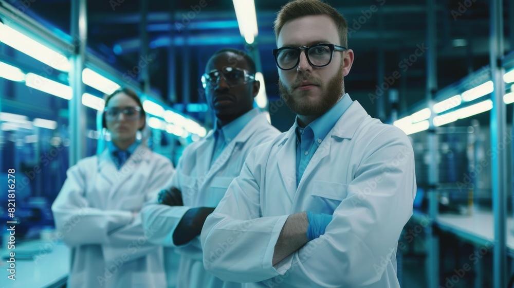 Poster portrait of three professional engineers posing with crossed arms at a high-tech factory's surface m
