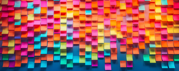 Wall full of pasted colored postit paper for routine and work reminders
