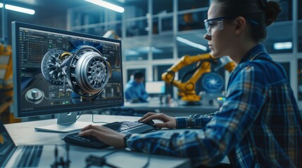 Female mechanical engineer creates a 3D engine on a personal computer while male automation engineer program the robot arm on a laptop.