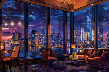 Skyline Penthouse, Penthouse with skyline view, night lights, cartoon drawing, water color style 
