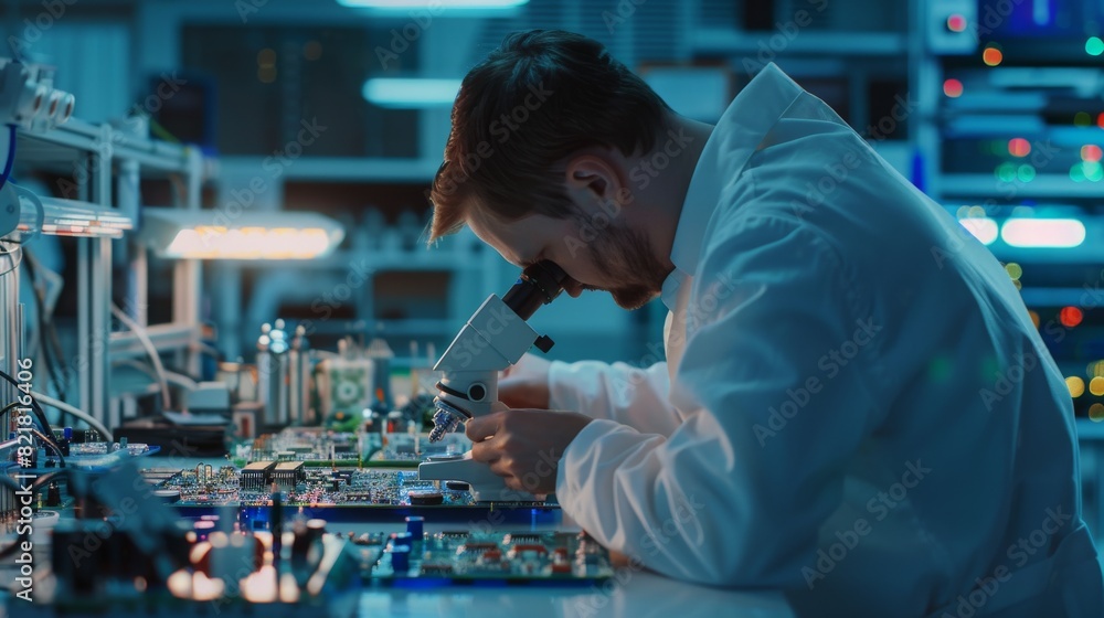 Poster electronics factory worker inspecting a circuit board through a digital microscope in his white work